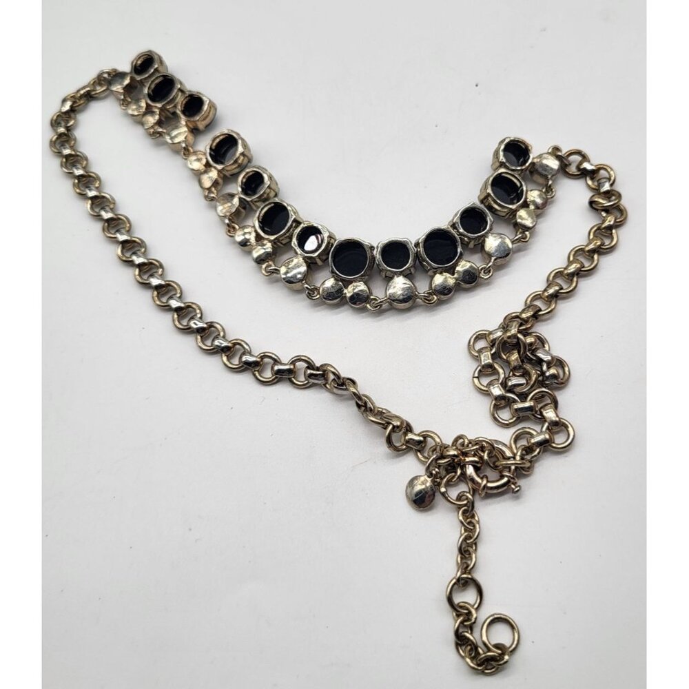 J. Crew Gold Tone Black Clear Rhinestones Statement Bib Necklace Prom Wedding - Picture 7 of 7
